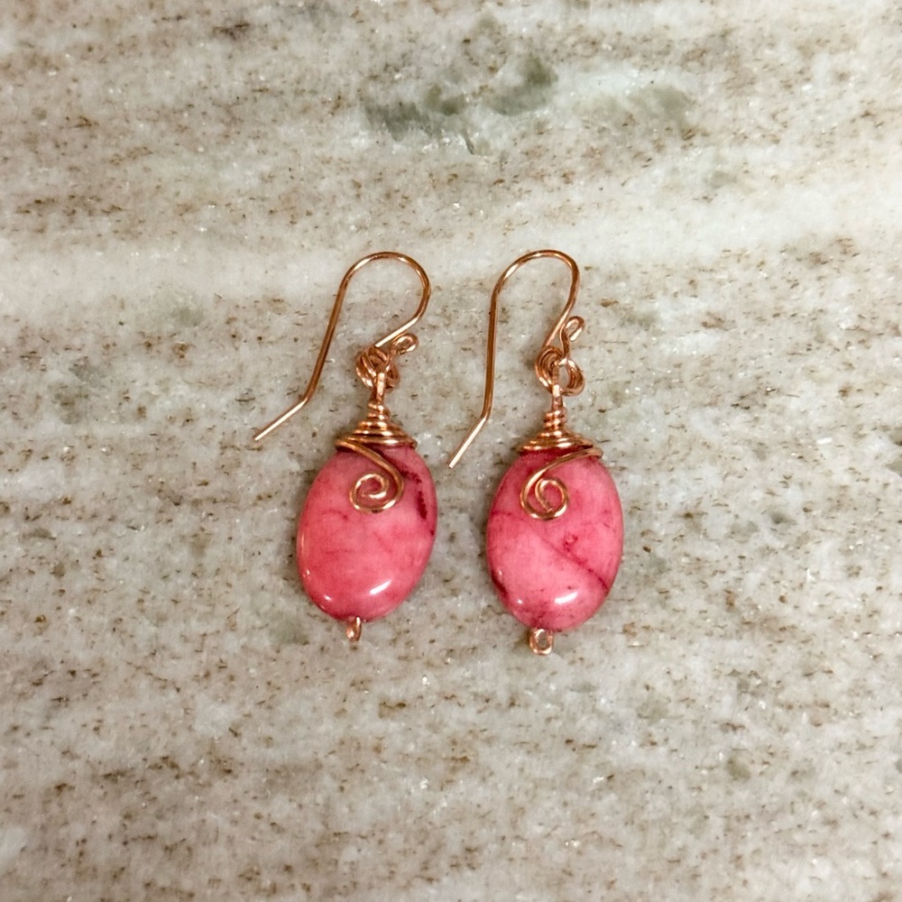 Artisan Oval Pink Agate Stone Wire Wrapped Dangle Earrings